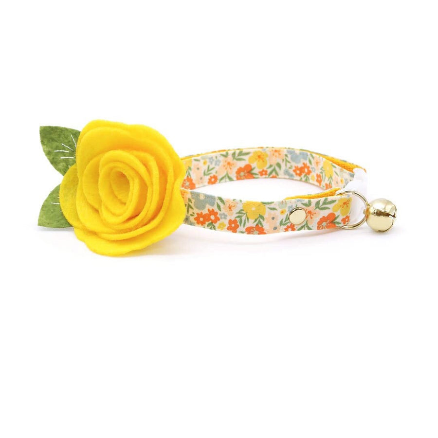 Cat Collar + Flower Set - "Aurora" - Yellow Floral Cat Collar w/ Yellow Felt Flower (Detachable)