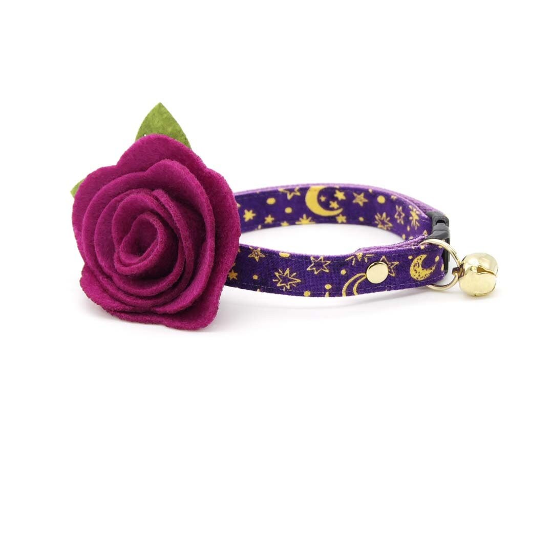 Cat Collar + Flower Set - "Moonlight - Purple" - Stars & Moon Cat Collar w/ Plum Felt Flower (Detachable)
