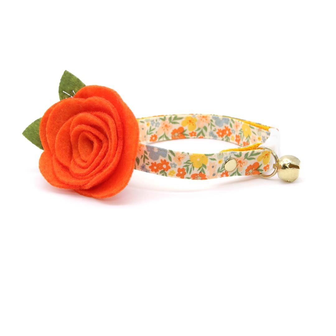 Cat Collar + Flower Set - "Aurora" - Yellow Floral Cat Collar w/ Orange Felt Flower (Detachable)