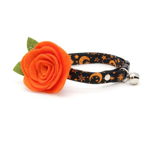Cat Collar + Flower Set - "Moonlight - Black" - Halloween Stars & Moon Cat Collar w/ Orange Felt Flower (Detachable) - Adult Cat (8-13) / Breakaway / Silver