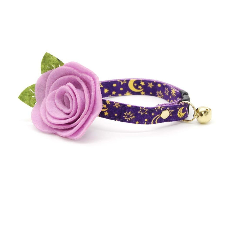 Cat Collar + Flower Set - "Moonlight - Purple" - Stars & Moon Cat Collar w/ Lavender Felt Flower (Detachable)