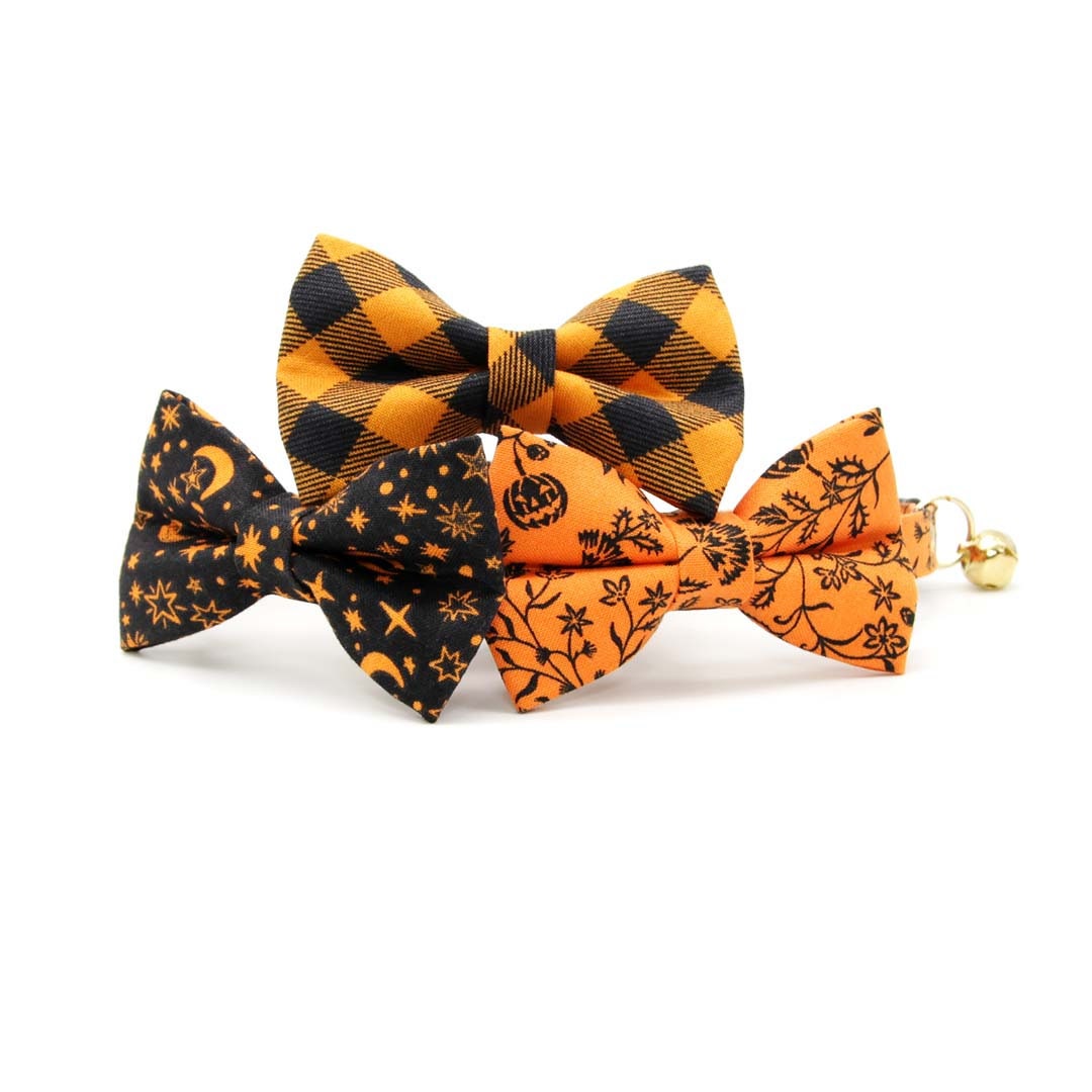 Pet Bow Tie - "Moonlight - Black" - Halloween Moon & Stars Cat Bow Tie / Celestial, Zodiac, Magic, Astronomy, Lunar / For Cats + Small Dogs (One Size)