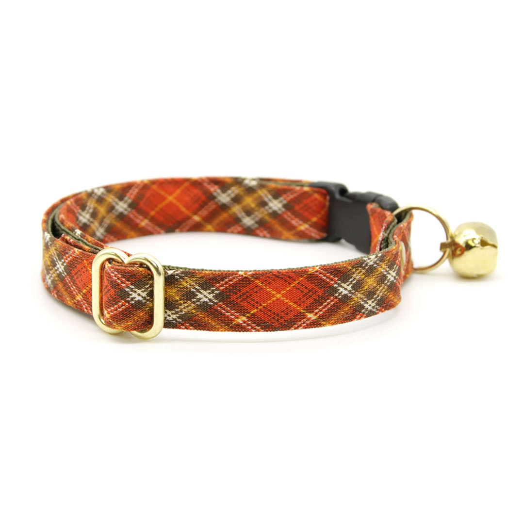 Cat Collar - "Pecan Praline" - Orange Plaid Cat Collar / Fall, Autumn, Harvest, Thanksgiving, Wedding / Breakaway Buckle or Non-Breakaway / Cat, Kitten + Small Dog Sizes