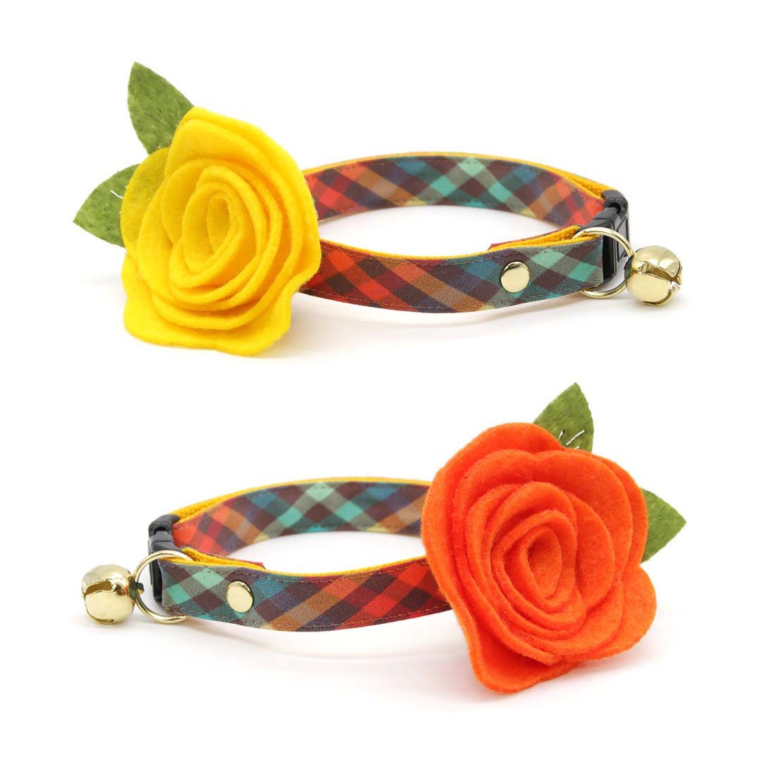 Cat Collar - "Campfire" -  Smoky Rainbow Plaid Cat Collar / Fall, Autumn, Thanksgiving / Breakaway Buckle or Non-Breakaway / Cat, Kitten + Small Dog Sizes