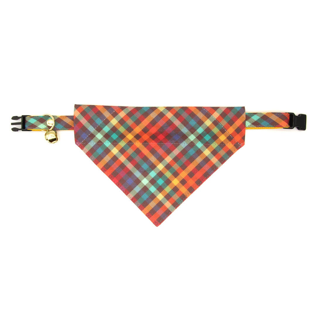 Cat Collar - "Campfire" -  Smoky Rainbow Plaid Cat Collar / Fall, Autumn, Thanksgiving / Breakaway Buckle or Non-Breakaway / Cat, Kitten + Small Dog Sizes