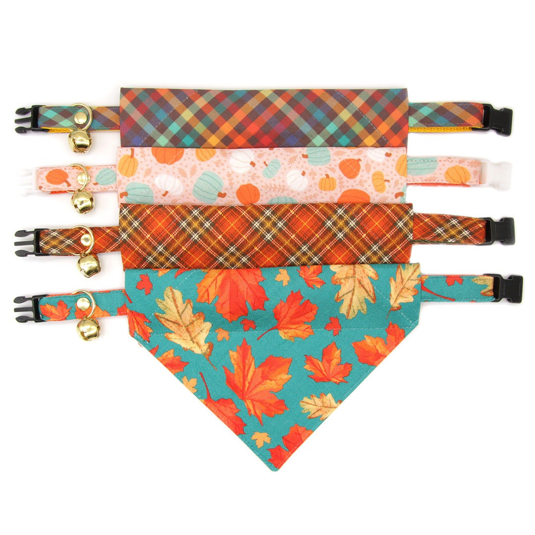 Cat Collar - "Maple Hill" - Autumn Leaves Cat Collar / Fall, Thanksgiving, Maple Leaf, Teal / Breakaway Buckle or Non-Breakaway / Cat, Kitten + Small Dog Sizes