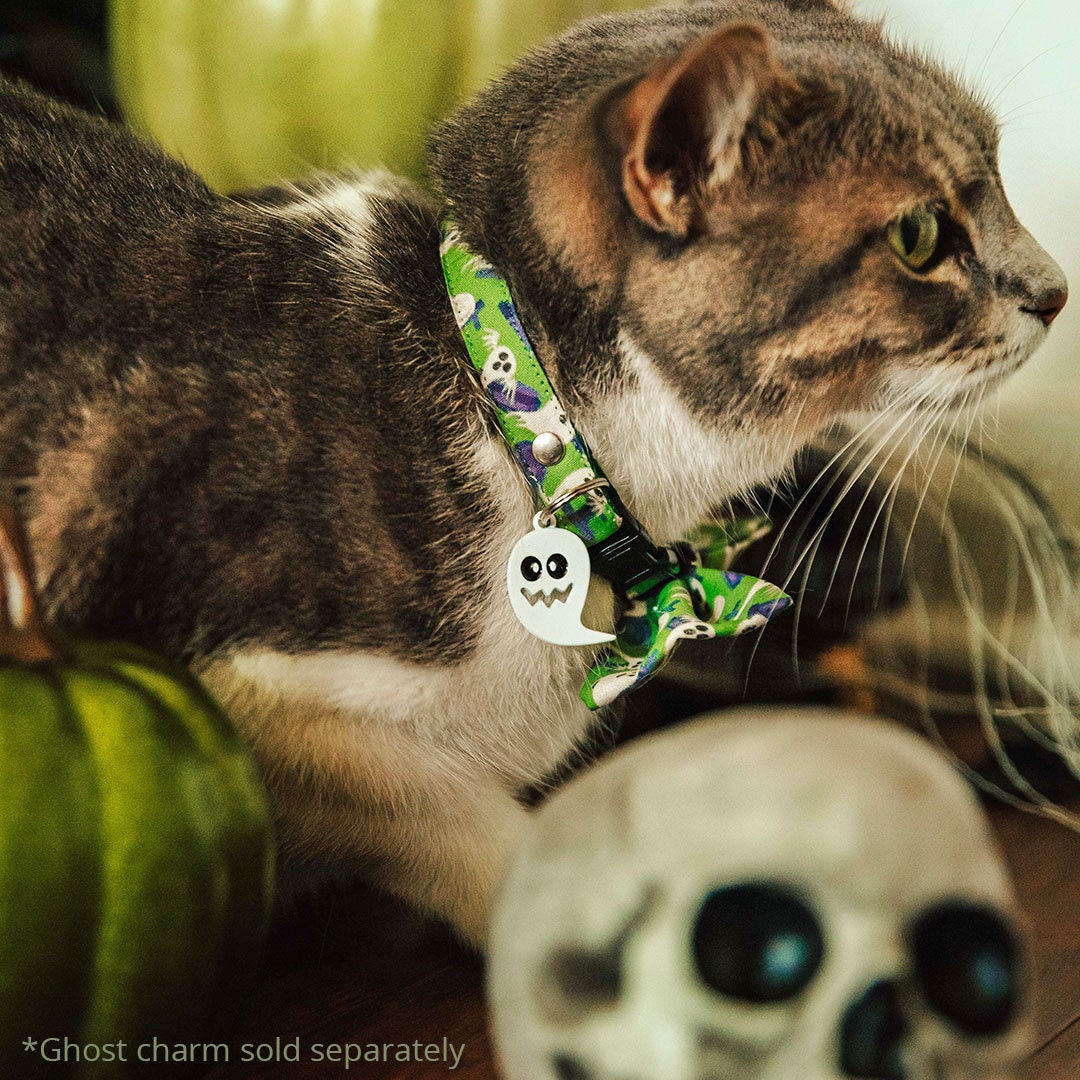 Cat Collar - "Ghostly Gathering" - Halloween Green Ghost Cat Collar / Haunted Graveyard, Cemetery, Skulls / Breakaway Buckle or Non-Breakaway / Cat, Kitten + Small Dog Sizes