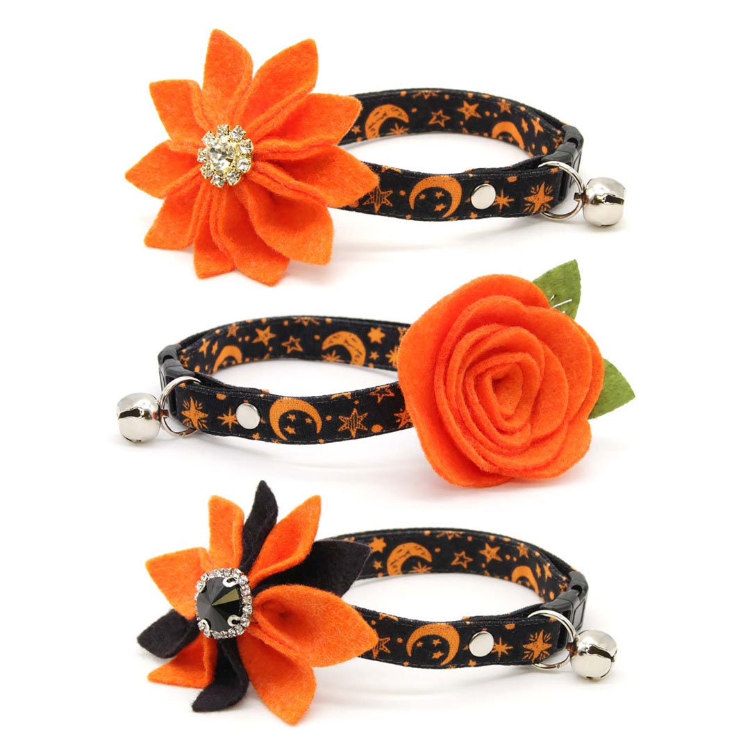 Cat Collar - "Moonlight - Black" - Halloween Moon & Stars Cat Collar / Night, Magic, Lunar, Zodiac / Breakaway Buckle or Non-Breakaway / Cat, Kitten + Small Dog Sizes