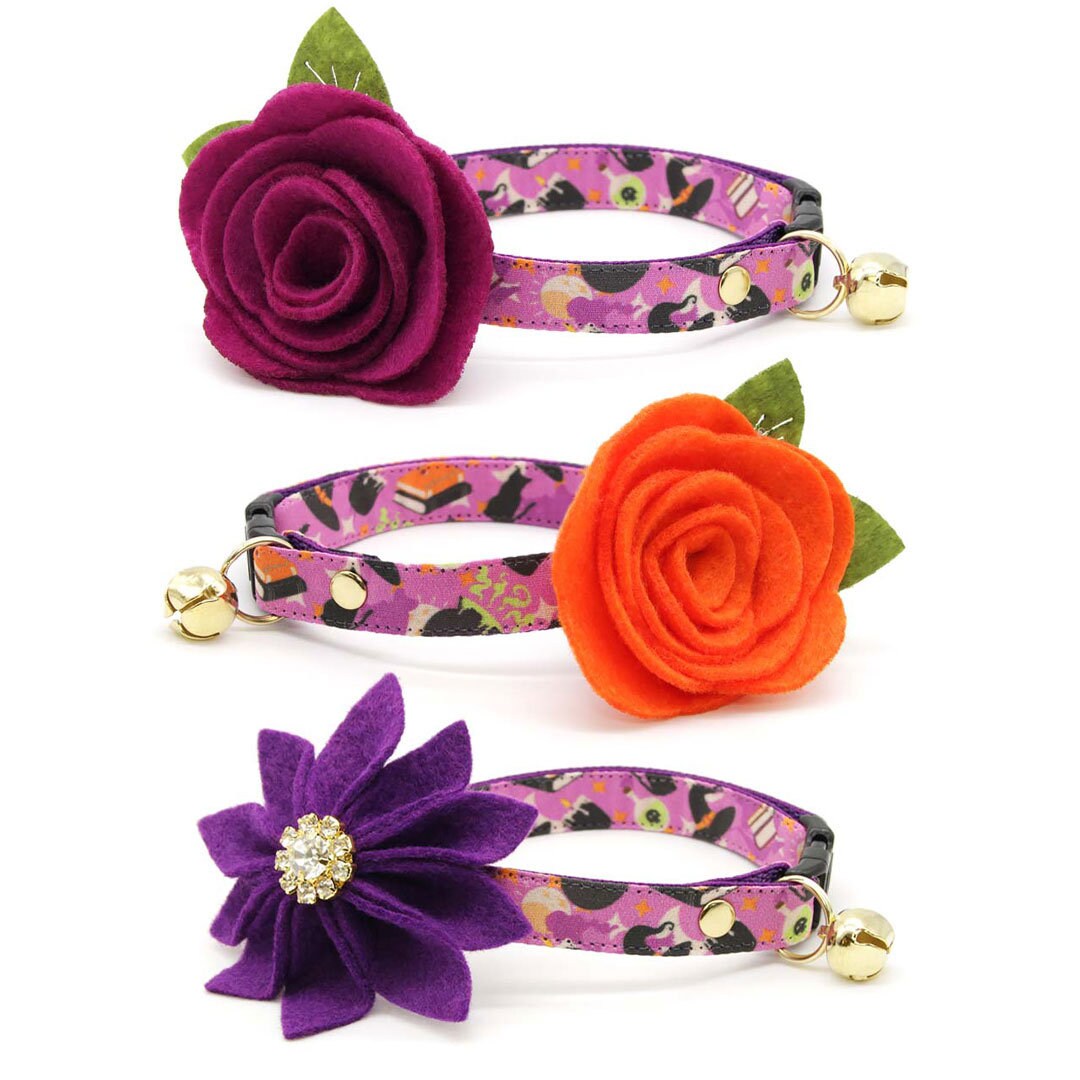 Cat Collar - "Hocus Pocus - Purple" - Halloween Cat Collar / Witch, Spellbook, Potions, Cauldron / Breakaway Buckle or Non-Breakaway / Cat, Kitten + Small Dog Sizes
