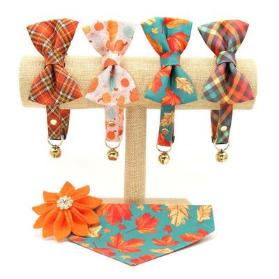 Bow Tie Cat Collar Set - "Maple Hill" - Autumn Leaves Cat Collar w/ Matching Bowtie / Fall, Thanksgiving, Teal / Cat, Kitten, Small Dog Sizes Sizes