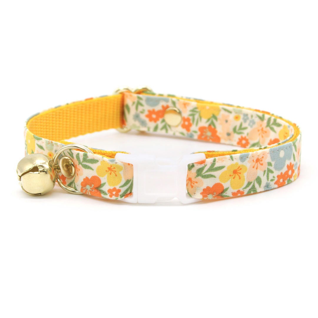 Bow Tie Cat Collar Set - "Aurora" - Orange & Yellow Floral Cat Collar w/ Matching Bowtie / Fall, Spring, Wedding / Cat, Kitten, Small Dog Sizes Sizes