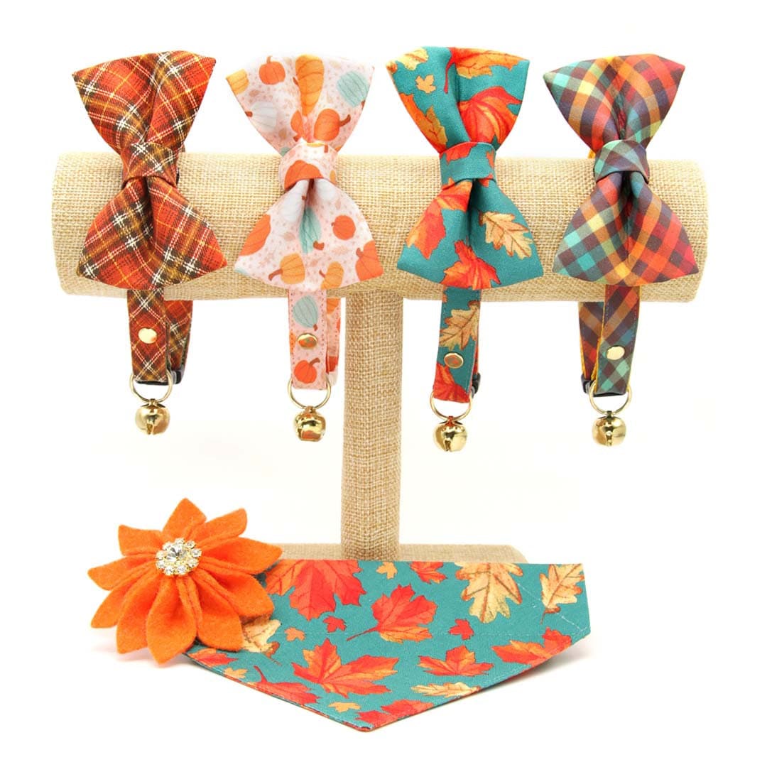 Cat Collar + Flower Set - "Campfire" - Smoky Plaid Cat Collar w/ Teal Felt Flower (Detachable)