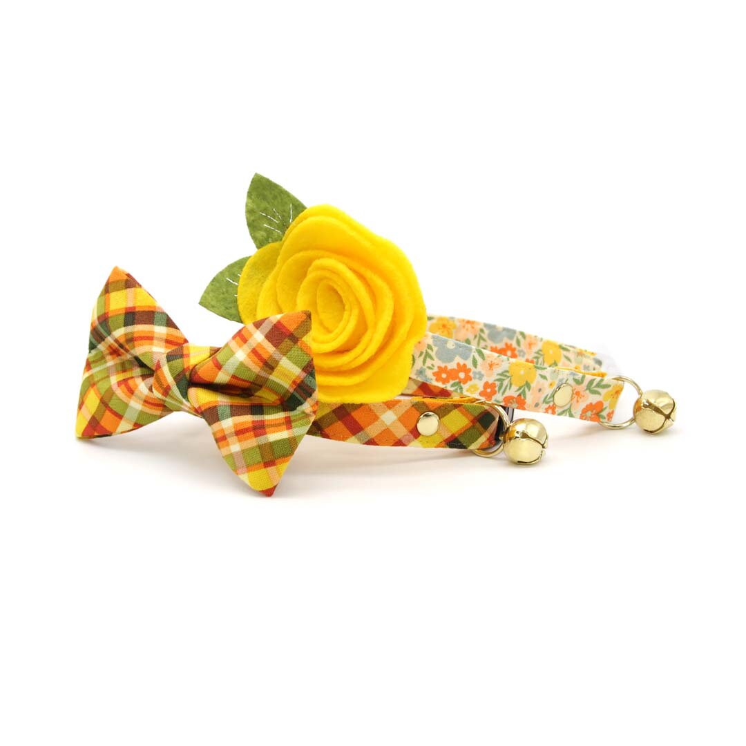 Cat Collar + Flower Set - "Aurora" - Yellow Floral Cat Collar w/ Yellow Felt Flower (Detachable)