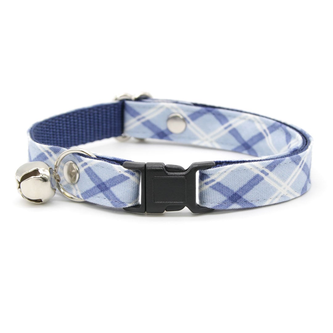 Cat Collar + Flower Set - "Skye" - Light Blue Plaid Cat Collar w/ Sky Blue Felt Flower (Detachable)