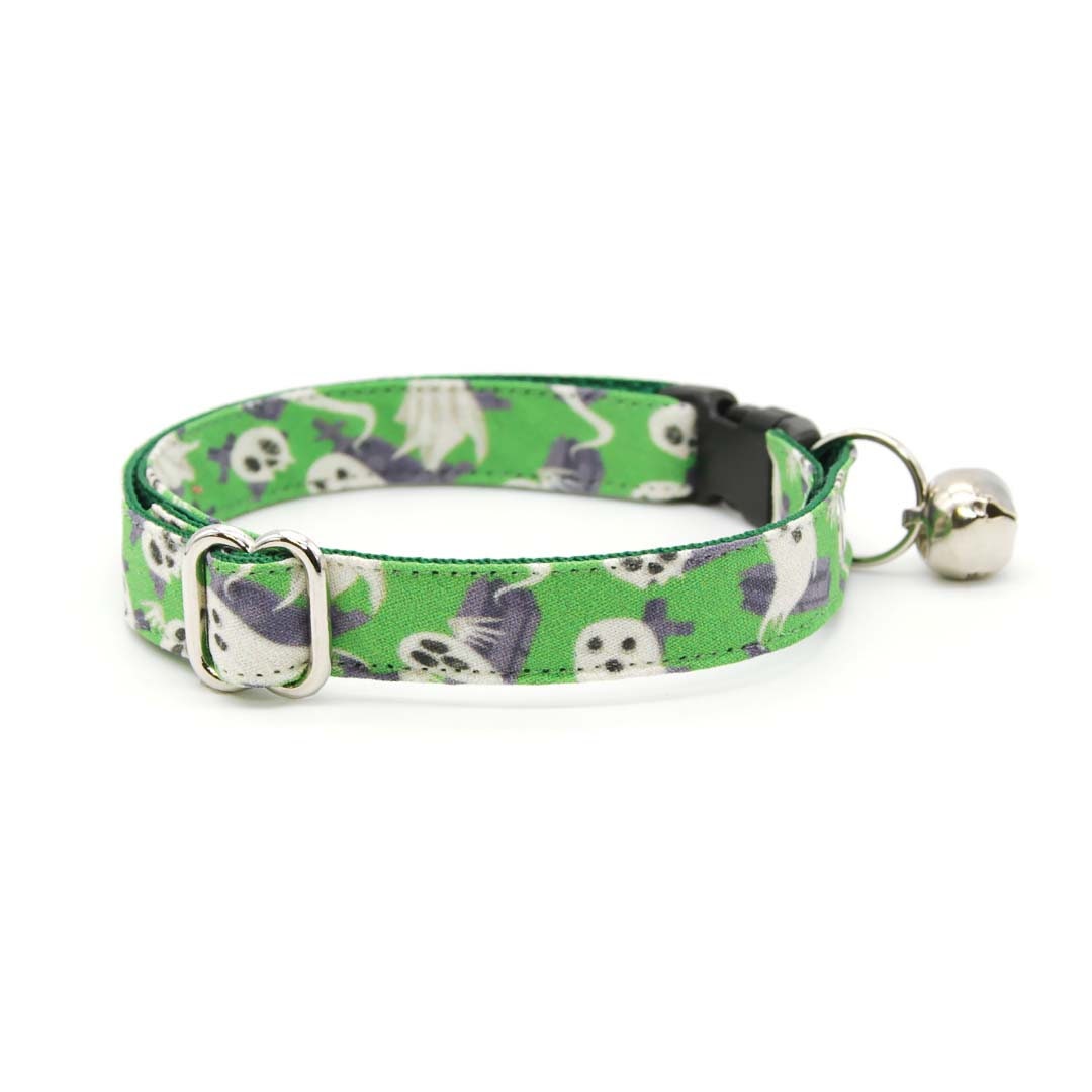 Cat Collar + Flower Set - "Ghostly Gathering" - Halloween Green Ghost Cat Collar w/ Plum Purple Felt Flower (Detachable)