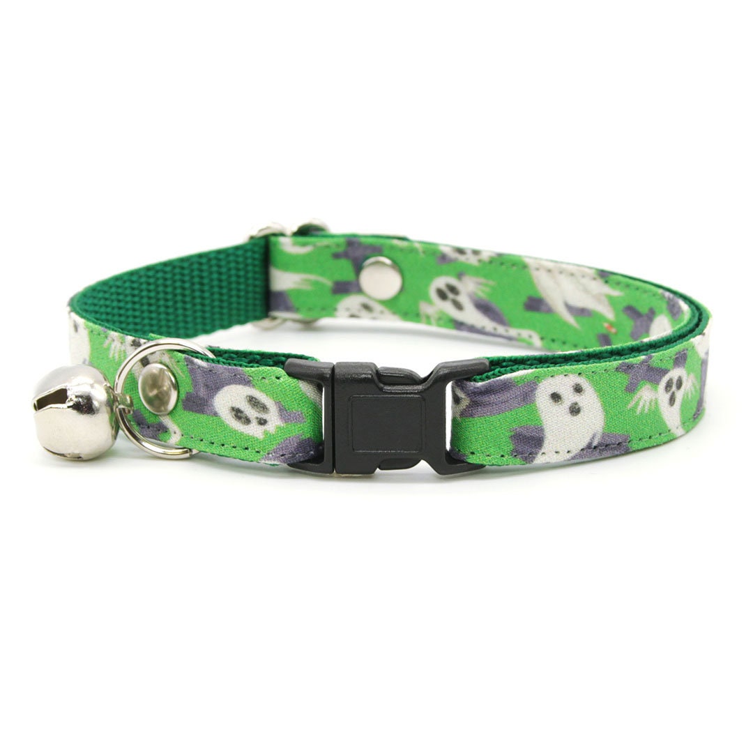 Cat Collar + Flower Set - "Ghostly Gathering" - Halloween Green Ghost Cat Collar w/ Plum Purple Felt Flower (Detachable)