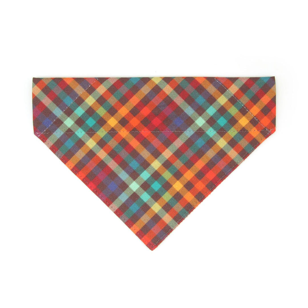 Pet Bandana - "Campfire" - Smoky Rainbow Plaid Bandana for Cat + Small Dog / Wedding, Fall, Autumn, Thanksgiving / Slide-on Bandana / Over-the-Collar (One Size)