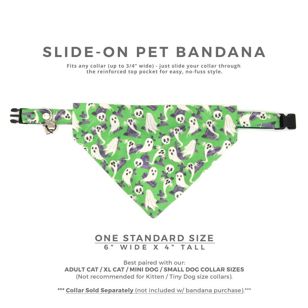Pet Bandana - "Ghostly Gathering" - Halloween Green Ghost Bandana for Cat + Small Dog / Skulls, Haunted Graveyard, Cemetery / Slide-on Bandana / Over-the-Collar (One Size)