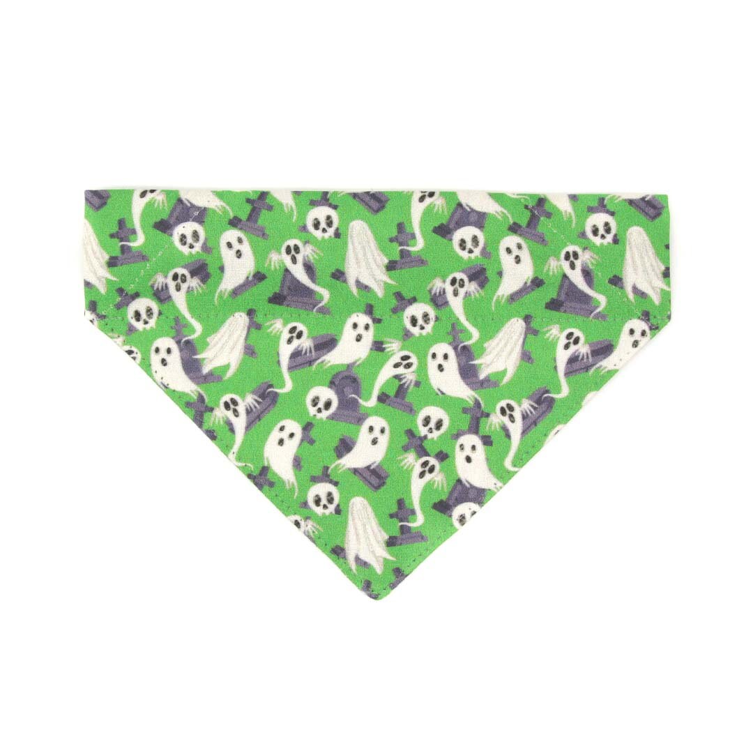 Pet Bandana - "Ghostly Gathering" - Halloween Green Ghost Bandana for Cat + Small Dog / Skulls, Haunted Graveyard, Cemetery / Slide-on Bandana / Over-the-Collar (One Size)