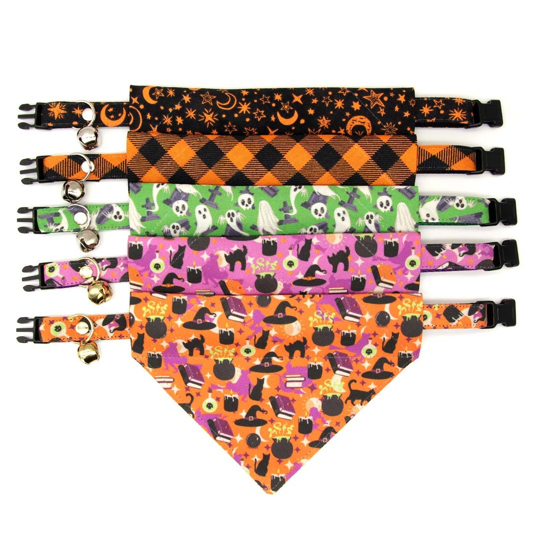 Pet Bandana - "Hocus Pocus - Purple" - Halloween Bandana for Cat + Small Dog / Witch, Spells, Cauldron, Sanderson, Binx, Potions / Slide-on Bandana / Over-the-Collar (One Size)