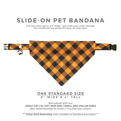 Pet Bandana - "Cabin Fever" - Halloween Plaid Bandana for Cat + Small Dog / Black Orange Buffalo Check / Slide-on Bandana / Over-the-Collar (One Size)
