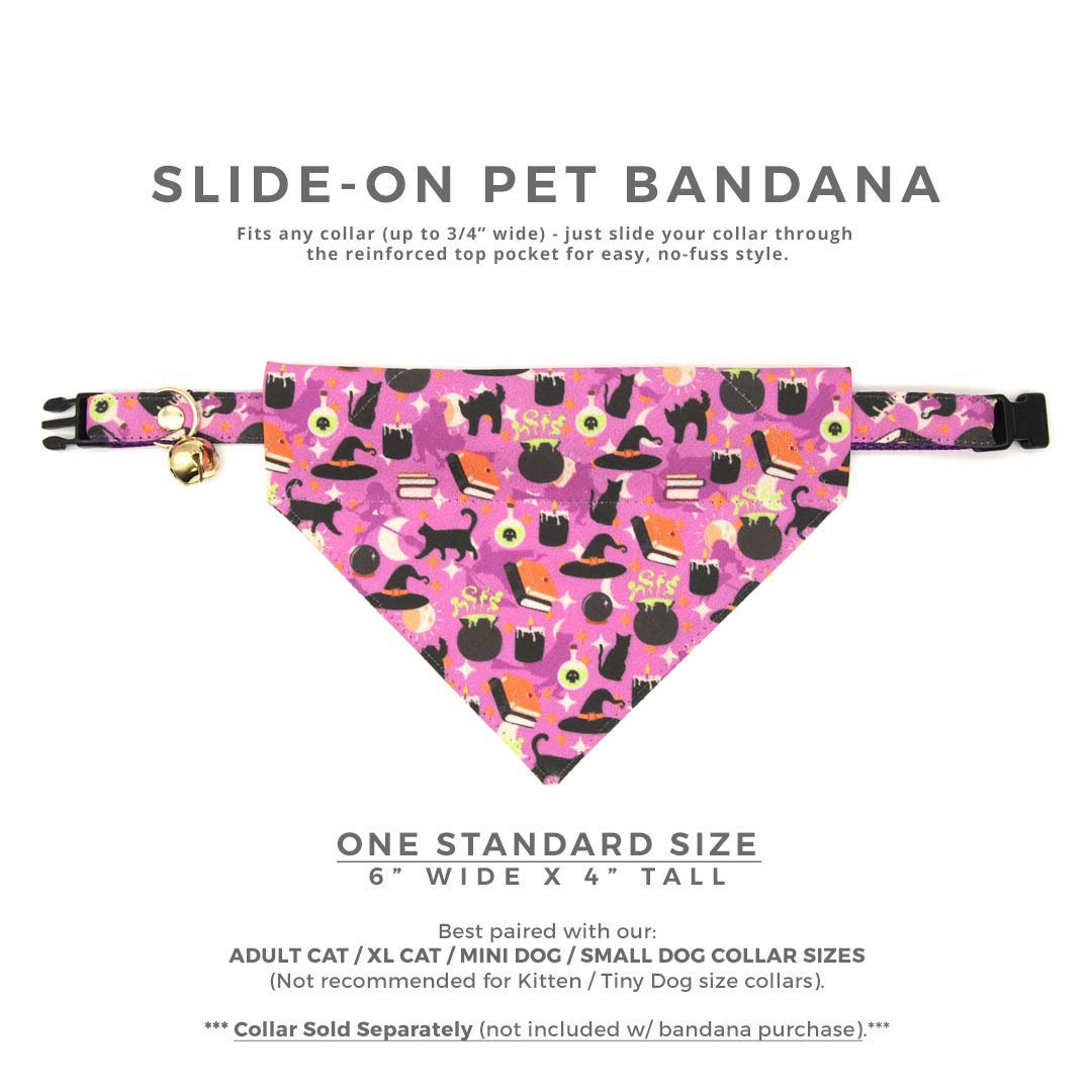 Pet Bandana - "Hocus Pocus - Purple" - Halloween Bandana for Cat + Small Dog / Witch, Spells, Cauldron, Sanderson, Binx, Potions / Slide-on Bandana / Over-the-Collar (One Size)