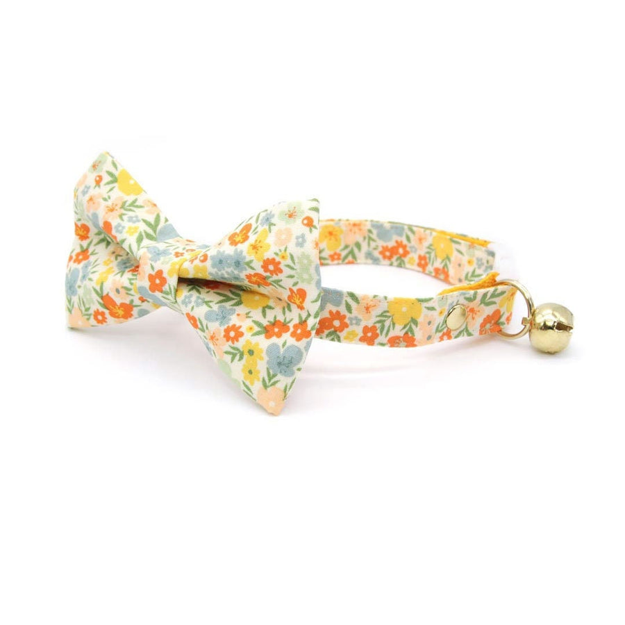 Bow Tie Cat Collar Set - "Aurora" - Orange & Yellow Floral Cat Collar w/ Matching Bowtie / Fall, Spring, Wedding / Cat, Kitten, Small Dog Sizes Sizes