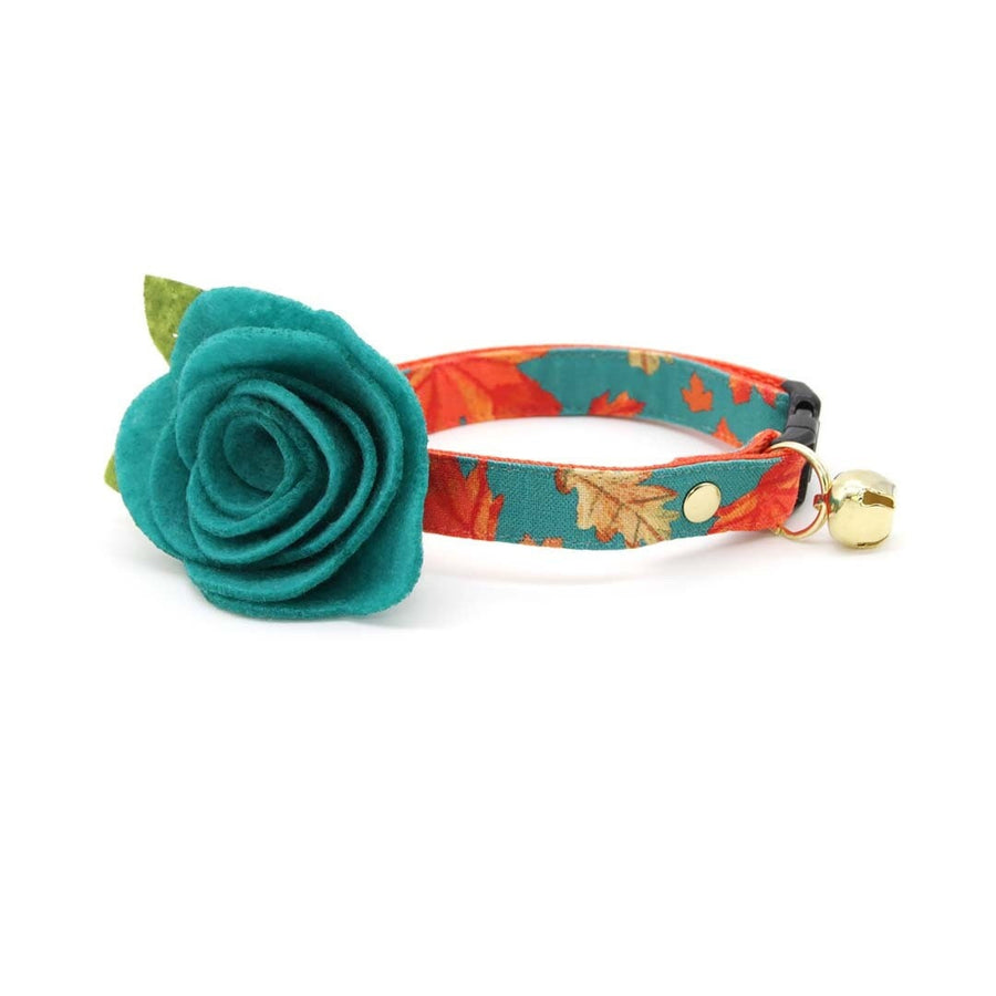 Cat Collar + Flower Set - "Maple Hill" - Autumn Leaves Cat Collar w/ Teal Felt Flower (Detachable)