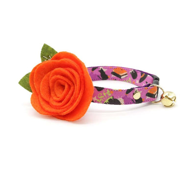 Cat Collar + Flower Set - "Hocus Pocus - Purple" - Halloween Cat Collar w/ Orange Felt Flower (Detachable)