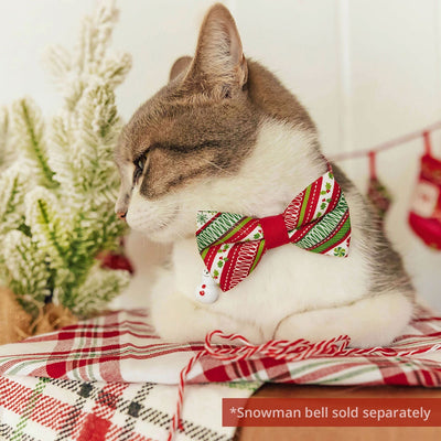 Pet Bow Tie - "Deck the Halls" - Red Green Striped Christmas Cat Bow Tie / Holiday / For Cats + Small Dogs (One Size)