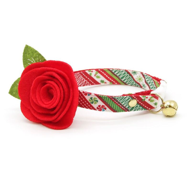 Cat Collar + Flower Set - "Deck the Halls" - Red Green Striped Holiday Cat Collar w/ Scarlet Red Felt Flower (Detachable)