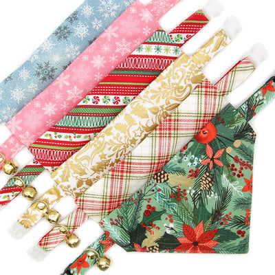 Pet Bandana - "Rustic Christmas" - Pine, Poinsettia & Berries Holiday Bandana for Cat + Small Dog / Slide-on Bandana / Over-the-Collar (One Size)