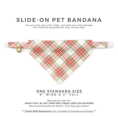 Pet Bandana - "Aspen" - Red, Cream & Green Plaid Bandana for Cat + Small Dog / Christmas, Holiday, Wedding / Slide-on Bandana / Over-the-Collar (One Size)