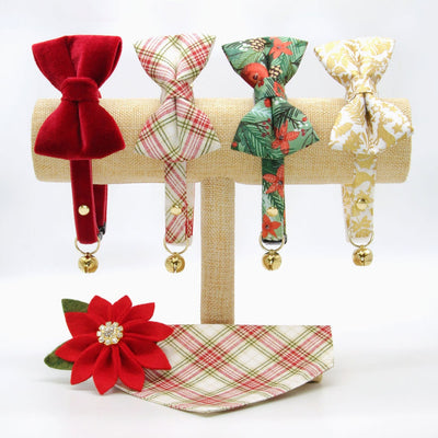 Pet Bandana - "Merry Gold" - Shimmery Winter Botanical Gold Bandana for Cat + Small Dog / Christmas, Wedding / Slide-on Bandana / Over-the-Collar (One Size)