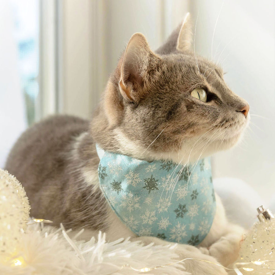 Pet Bandana - "Snowflakes - Frosty Blue" - Light Blue, Gray & White Snowflake Bandana for Cat + Small Dog / Christmas, Winter, Solstice / Slide-on Bandana / Over-the-Collar (One Size)