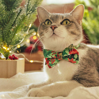Pet Bow Tie - "Rustic Christmas" - Green Pine, Poinsettia & Berries Cat Bow Tie / Holiday / For Cats + Small Dogs (One Size)