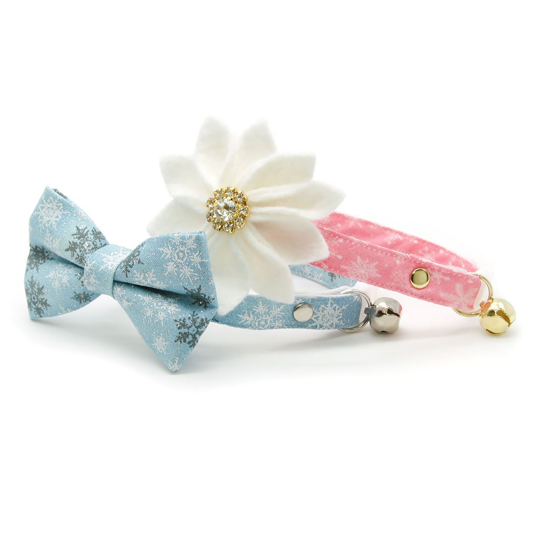 Bow Tie Cat Collar Set - "Snowflakes - Frosty Blue" - Holiday Snowflake Cat Collar w/ Matching Bowtie / Christmas, Winter, Solstice / Cat, Kitten, Small Dog Sizes