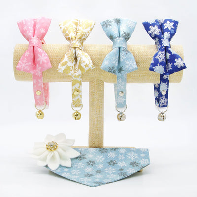 Bow Tie Cat Collar Set - "Snowflakes - Sugar Pink" - Snowflake Cat Collar w/ Matching Bowtie / Christmas, Holiday, Winter / Cat, Kitten, Small Dog Sizes