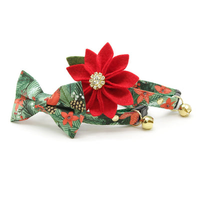 Holiday Cat Collar - "Rustic Christmas" - Green Pine, Berries & Poinsettia Cat Collar / Breakaway Buckle or Non-Breakaway / Cat, Kitten + Small Dog Sizes