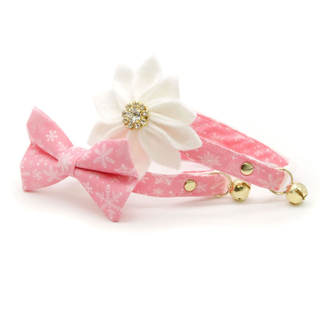 Winter Cat Collar - "Snowflakes - Sugar Pink" - Snowflake Cat Collar / Breakaway Buckle or Non-Breakaway / Cat, Kitten + Small Dog Sizes