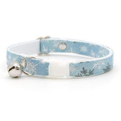 Cat Collar + Flower Set - "Snowflakes - Frosty Blue" - Snowflake Cat Collar w/ Sky Blue Felt Flower (Detachable)