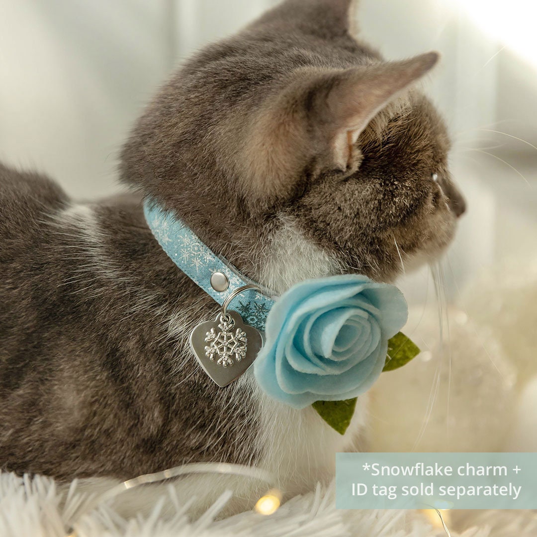 Cat Collar + Flower Set - "Snowflakes - Frosty Blue" - Snowflake Cat Collar w/ Sky Blue Felt Flower (Detachable)