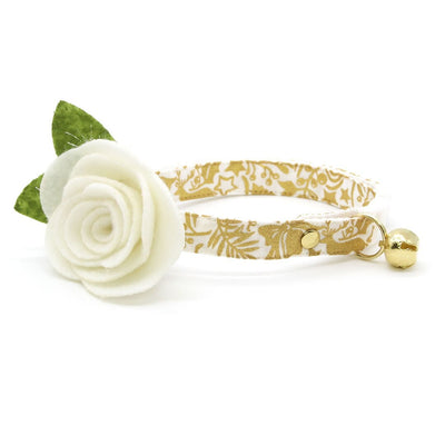 Cat Collar + Flower Set - "Merry Gold" - Shimmery Leaves Gold Cat Collar w/ Ivory Felt Flower (Detachable)
