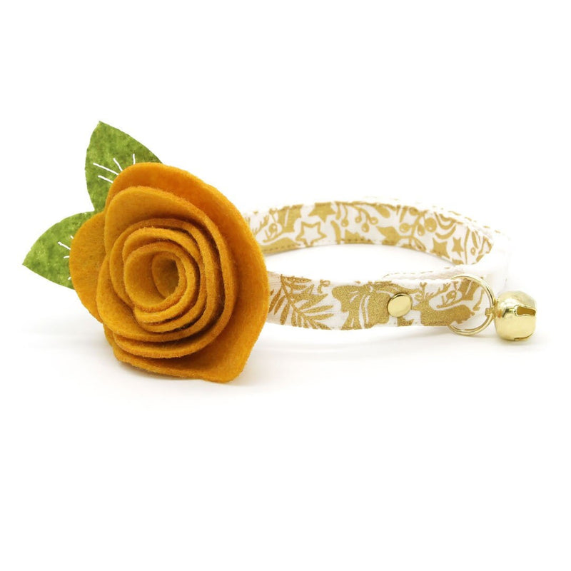 Cat Collar + Flower Set - "Merry Gold" - Shimmery Leaves Gold Cat Collar w/ Mustard Felt Flower (Detachable)