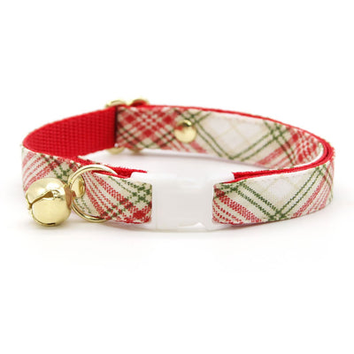 Cat Collar + Flower Set - "Aspen" - Holiday Plaid Red Cat Collar + Specialty Christmas Red Poinsettia Felt Flower (Detachable)