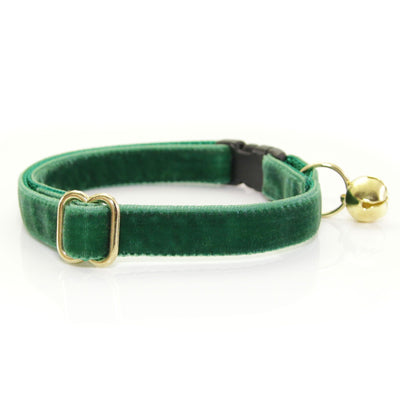 Cat Collar + Flower Set - "Velvet - Hunter Green" - Dark Green Velvet Cat Collar + Specialty Christmas Red Poinsettia Felt Flower (Detachable)