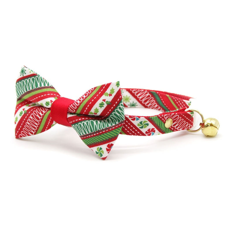 Bow Tie Cat Collar Set - "Deck the Halls" - Red Green Striped Holiday Cat Collar w/ Matching Bowtie / Christmas / Cat, Kitten, Small Dog Sizes