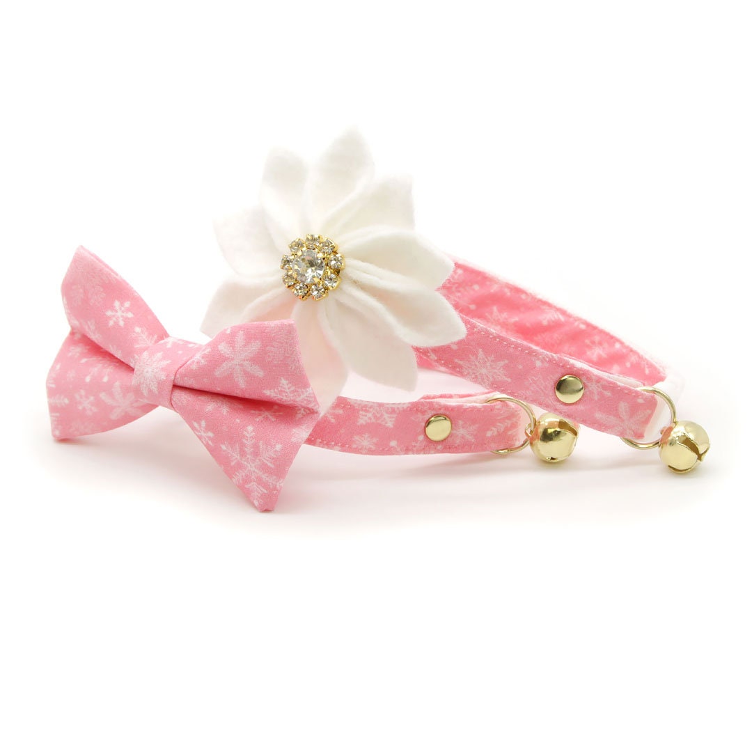 Pet Bow Tie - "Snowflakes - Sugar Pink" - Snowflake Cat Bow Tie / Christmas, Holiday, Winter / For Cats + Small Dogs (One Size)