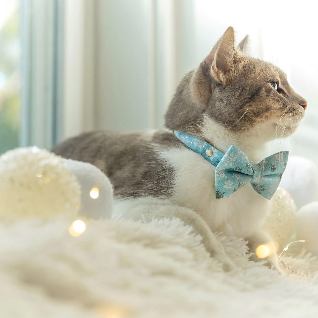 Bow Tie Cat Collar Set - "Snowflakes - Frosty Blue" - Holiday Snowflake Cat Collar w/ Matching Bowtie / Christmas, Winter, Solstice / Cat, Kitten, Small Dog Sizes