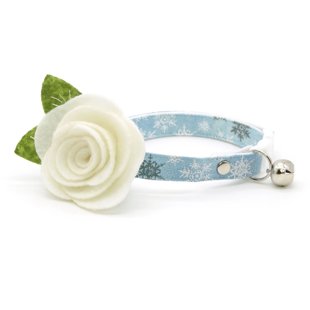 Winter Cat Collar - "Snowflakes - Frosty Blue" - Light Blue Snowflake Cat Collar / Solstice / Breakaway Buckle or Non-Breakaway / Cat, Kitten + Small Dog Sizes
